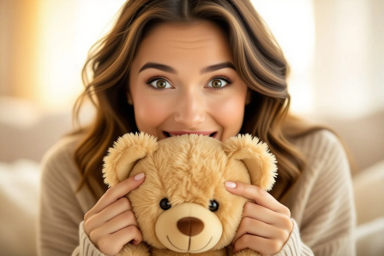 Woman's surprised and delighted reaction discovering hidden surprise in teddy bear compartment