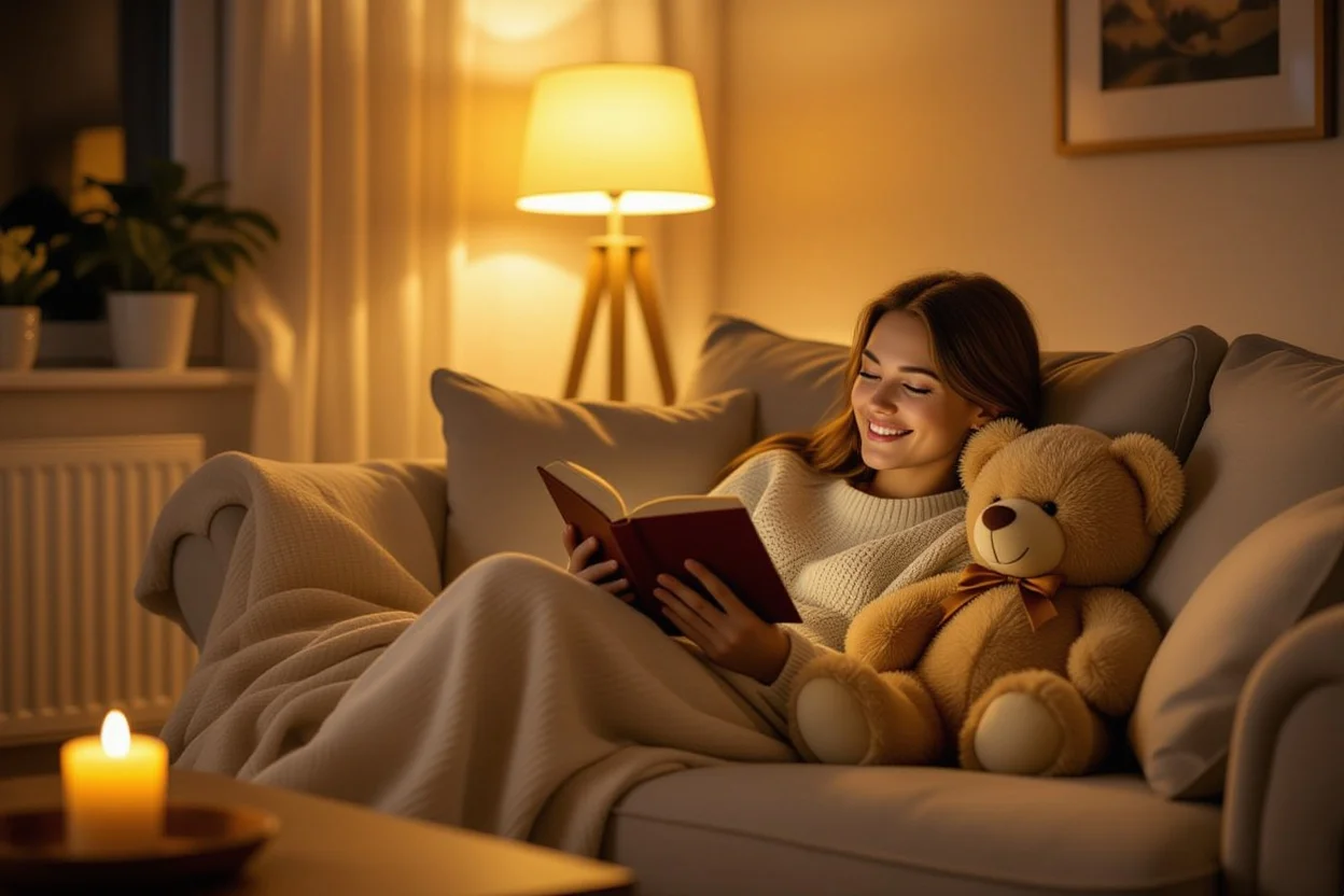Cozy evening scene with person reading and romantic teddy bear gift in living room