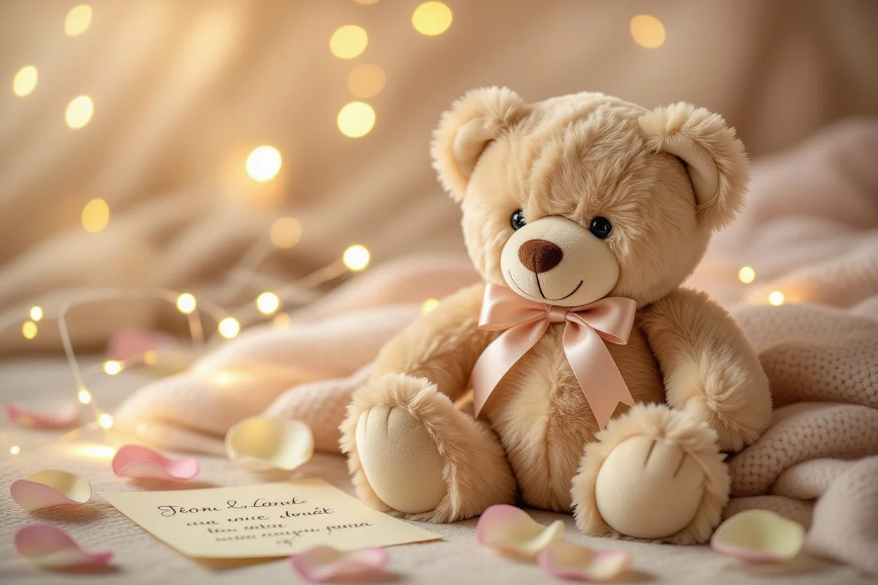 Luxury romantic teddy bear gift with rose petals and love notes for couples