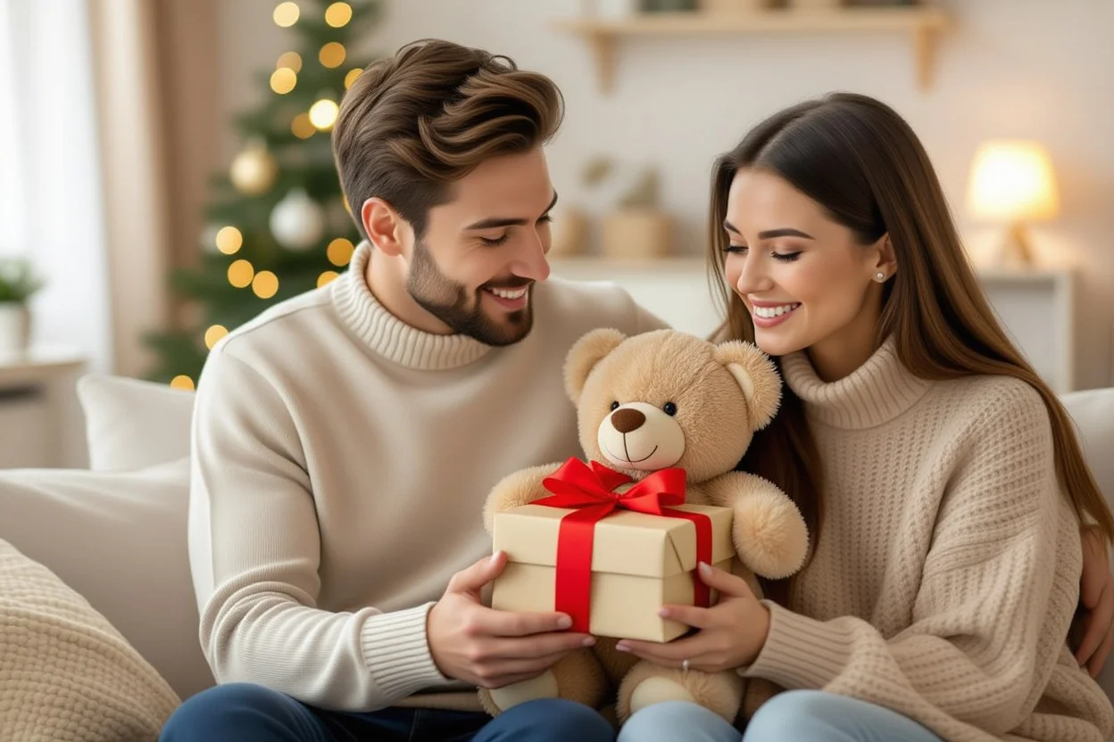 Romantic couple exchanging teddy bear gift with surprised and joyful expressions