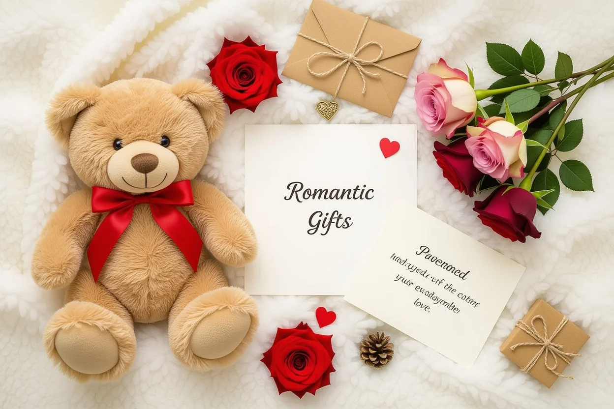 Romantic gift collection flat lay featuring teddy bear and preserved flowers for couples
