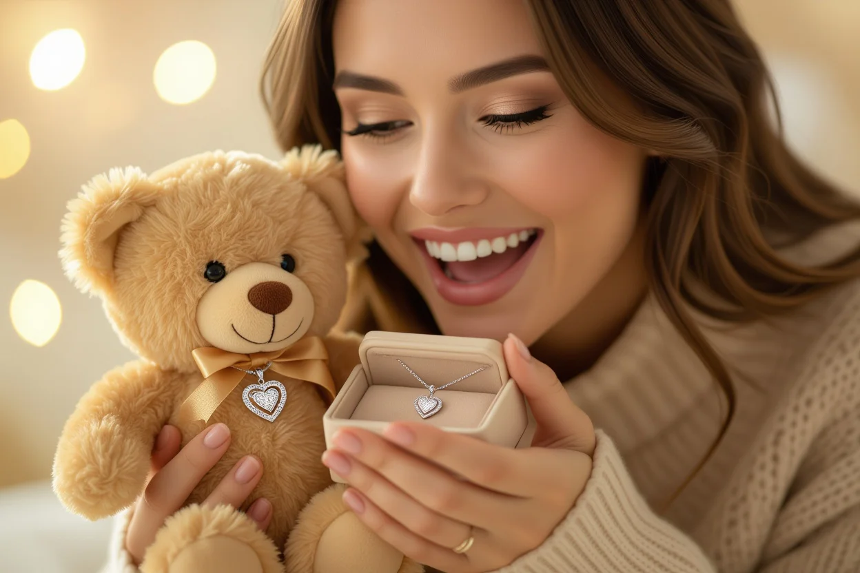 Woman discovering hidden necklace surprise inside teddy bear romantic gift