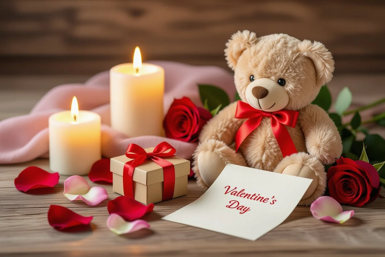 Romantic Valentine's Day gift setup with teddy bear and surprise necklace