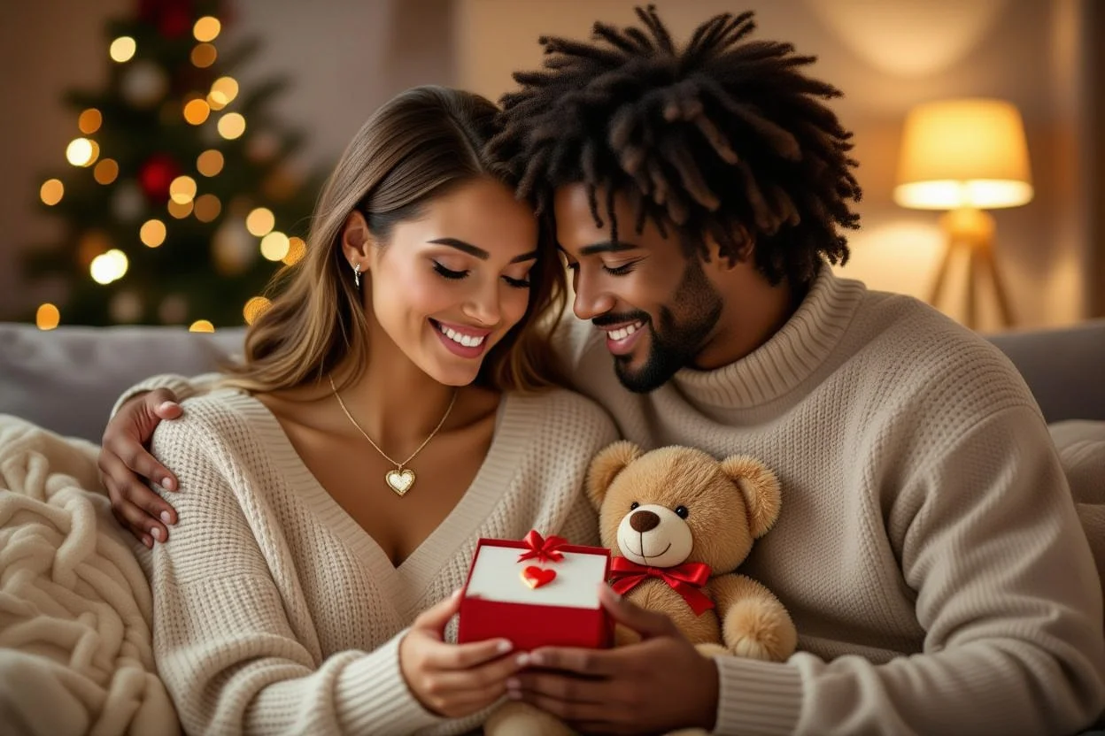 Happy couple after romantic teddy bear necklace surprise gift exchange