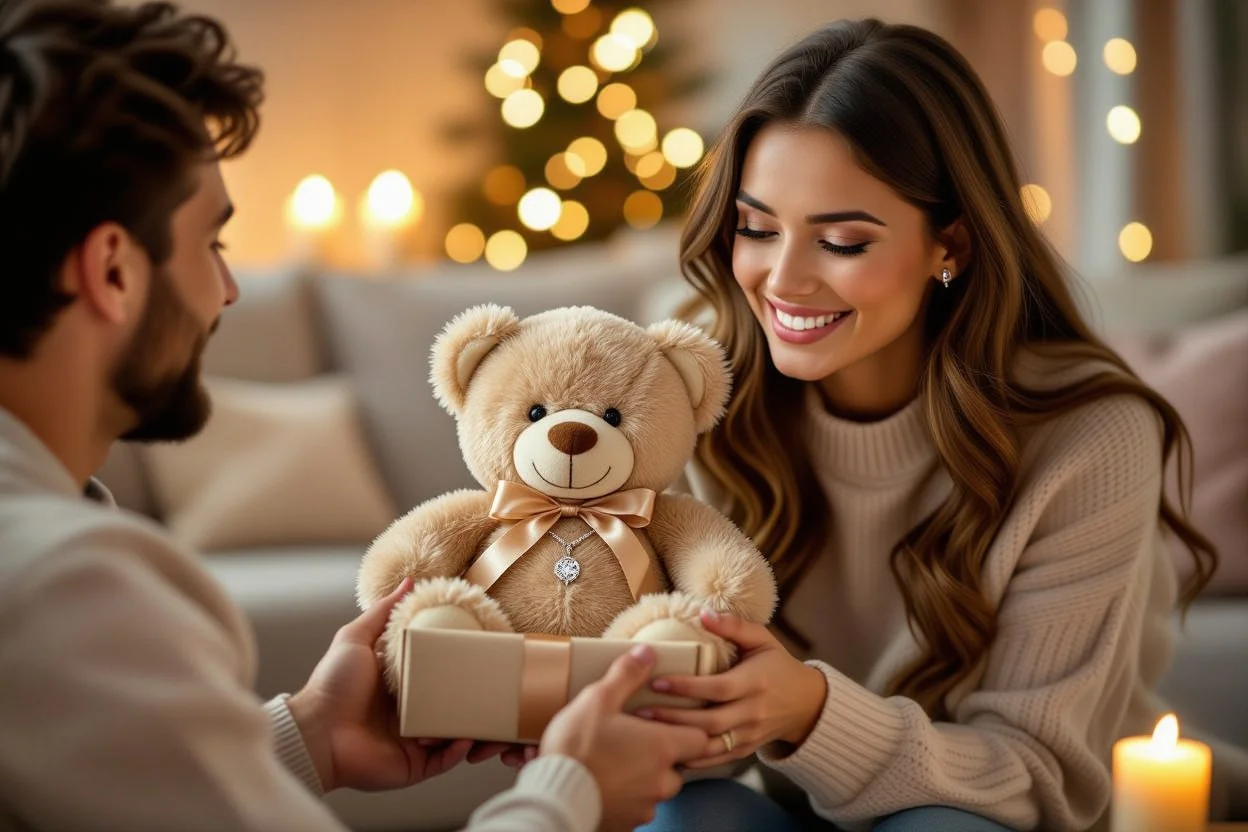 Couple sharing romantic teddy bear surprise gift moment for apology and love