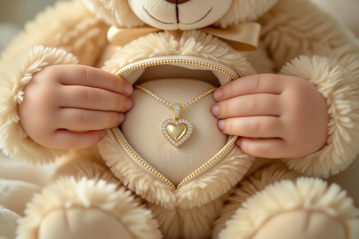 Close-up of hidden necklace surprise being revealed from inside teddy bear gift