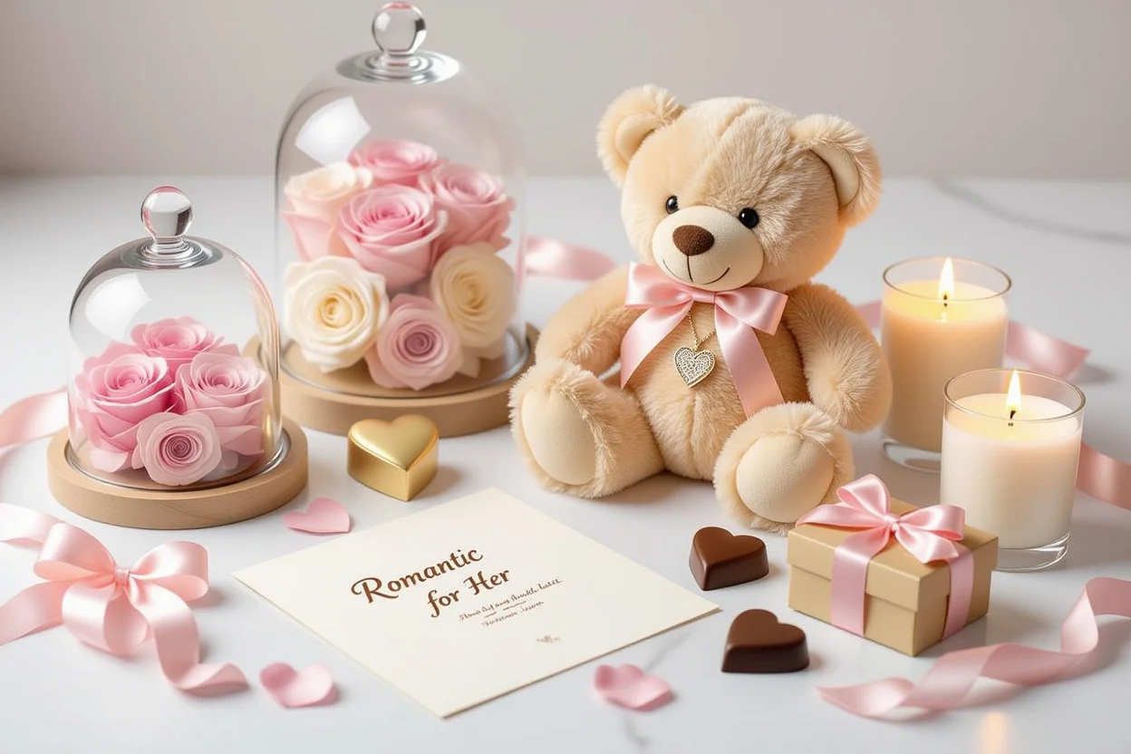 Romantic Valentine's Day gift collection featuring teddy bear with hidden necklace and luxury items