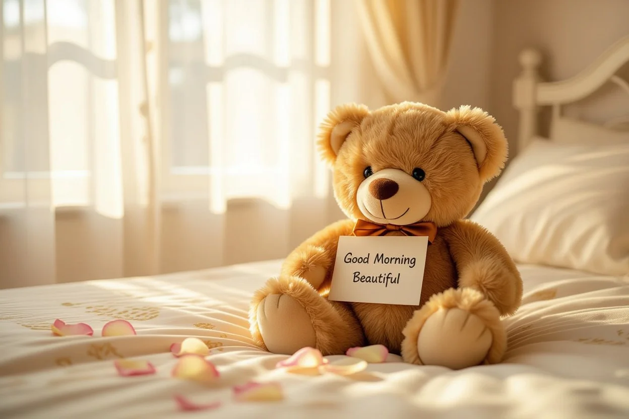 Romantic teddy bear surprise gift on bed with good morning note and rose petals