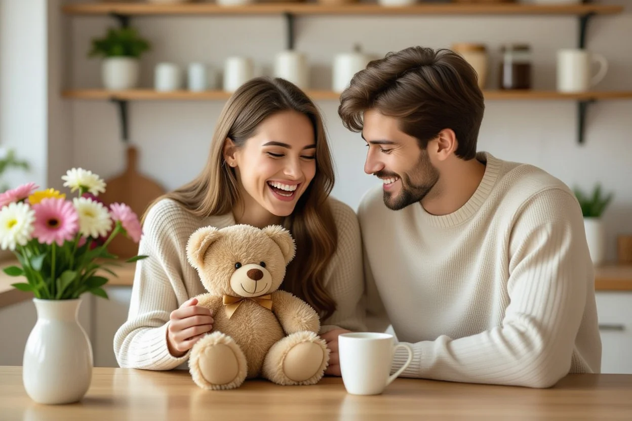 Happy couple sharing romantic moment with teddy bear gift in cozy kitchen setting