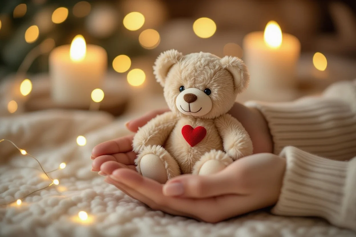 Hands holding romantic teddy bear gift with heart in soft candlelit setting