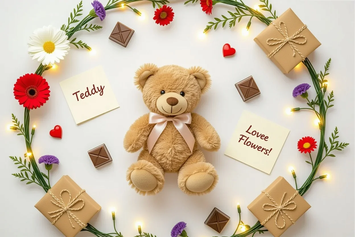 Romantic gift flat lay with teddy bear, love notes, preserved flowers and fairy lights