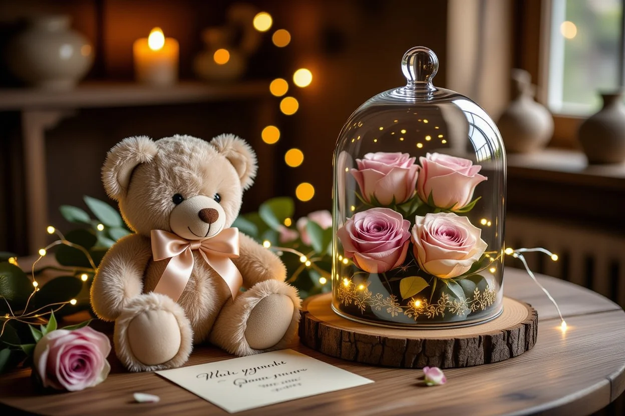 Romantic teddy bear gift with preserved roses and fairy lights for lasting anniversary presents