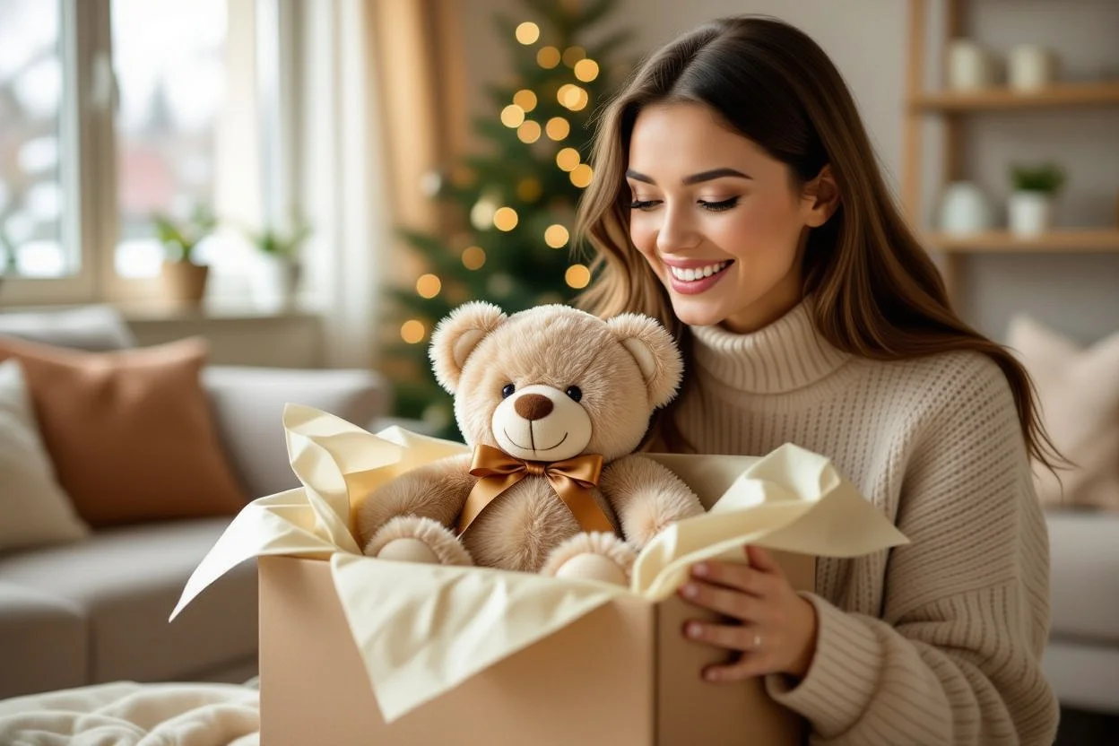 Woman opening surprise teddy bear gift with joyful expression in cozy home setting
