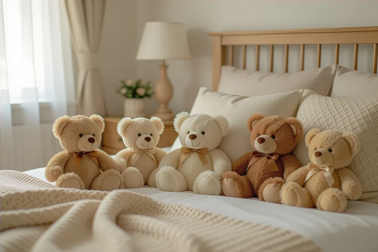 Bedroom collection of meaningful teddy bear gifts creating romantic everyday surprises