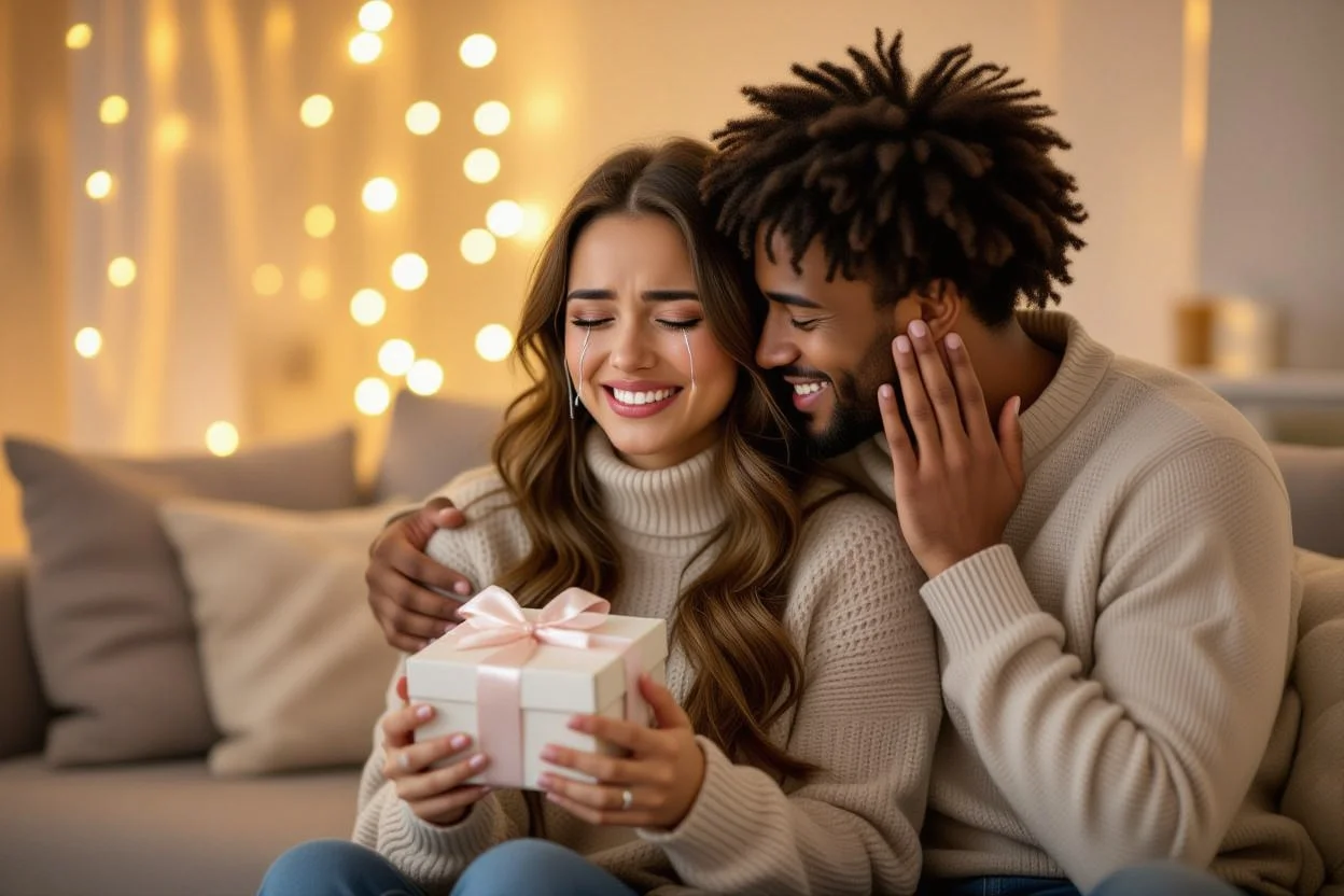 Emotional couple moment - woman crying happy tears receiving romantic surprise gift from boyfriend