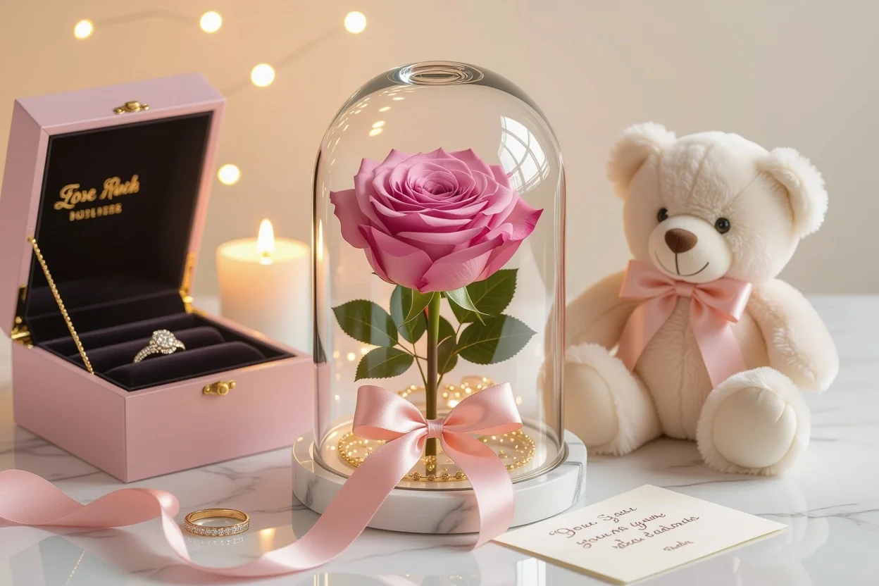 Luxury romantic gift guide featuring preserved roses, jewelry, and teddy bear for girlfriend birthday
