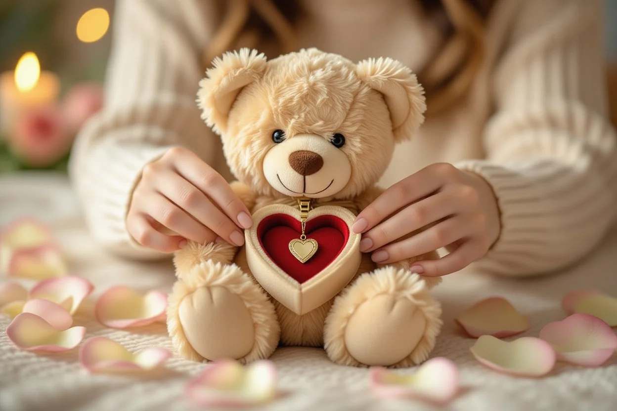 Hands revealing hidden heart compartment inside romantic teddy bear gift with secret surprise