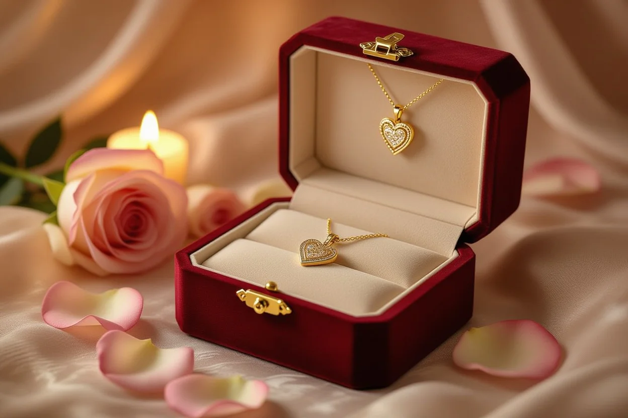 Hidden necklace surprise in elegant jewelry box with romantic lighting and rose petals