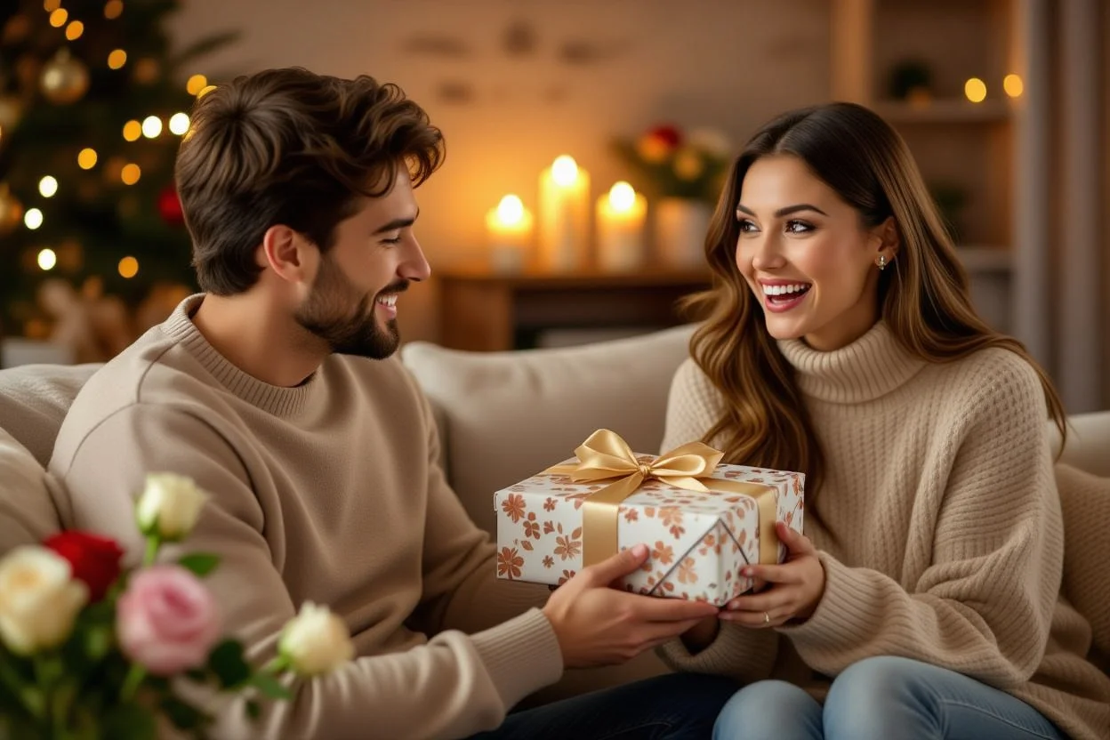 Romantic couple gift giving moment with surprise present in cozy home setting