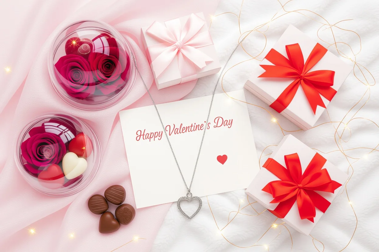 Romantic Valentine's Day gifts flat lay with heart necklace and preserved roses