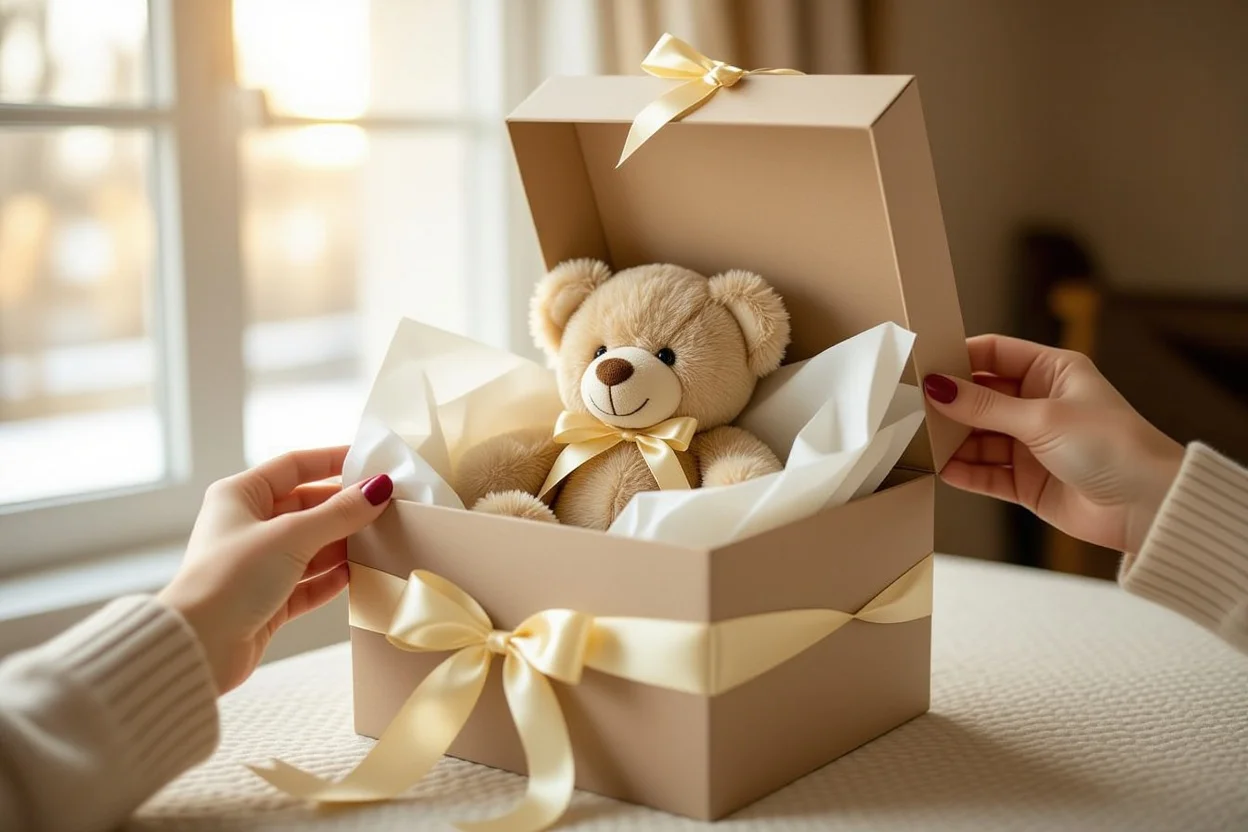 Woman opening surprise teddy bear gift box unexpected romantic gesture