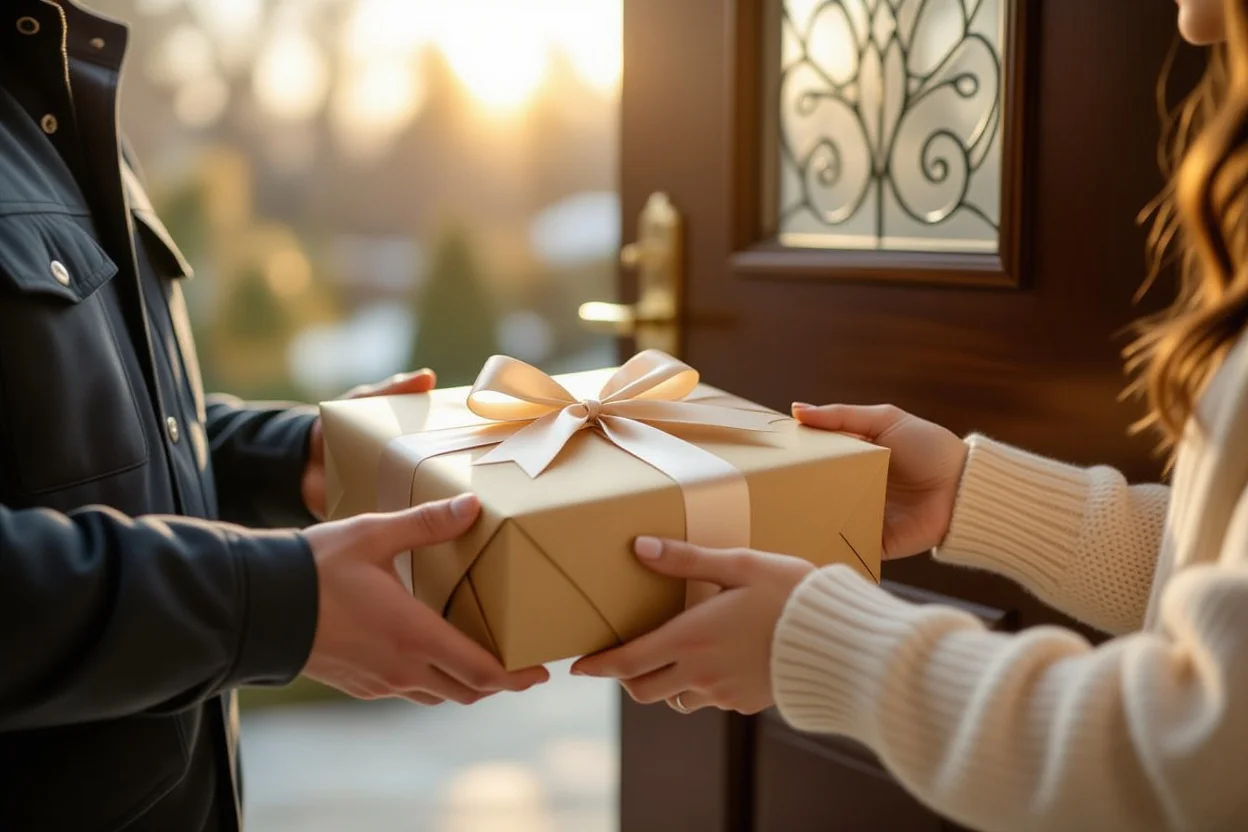 Surprise gift delivery at front door spontaneous romantic gesture
