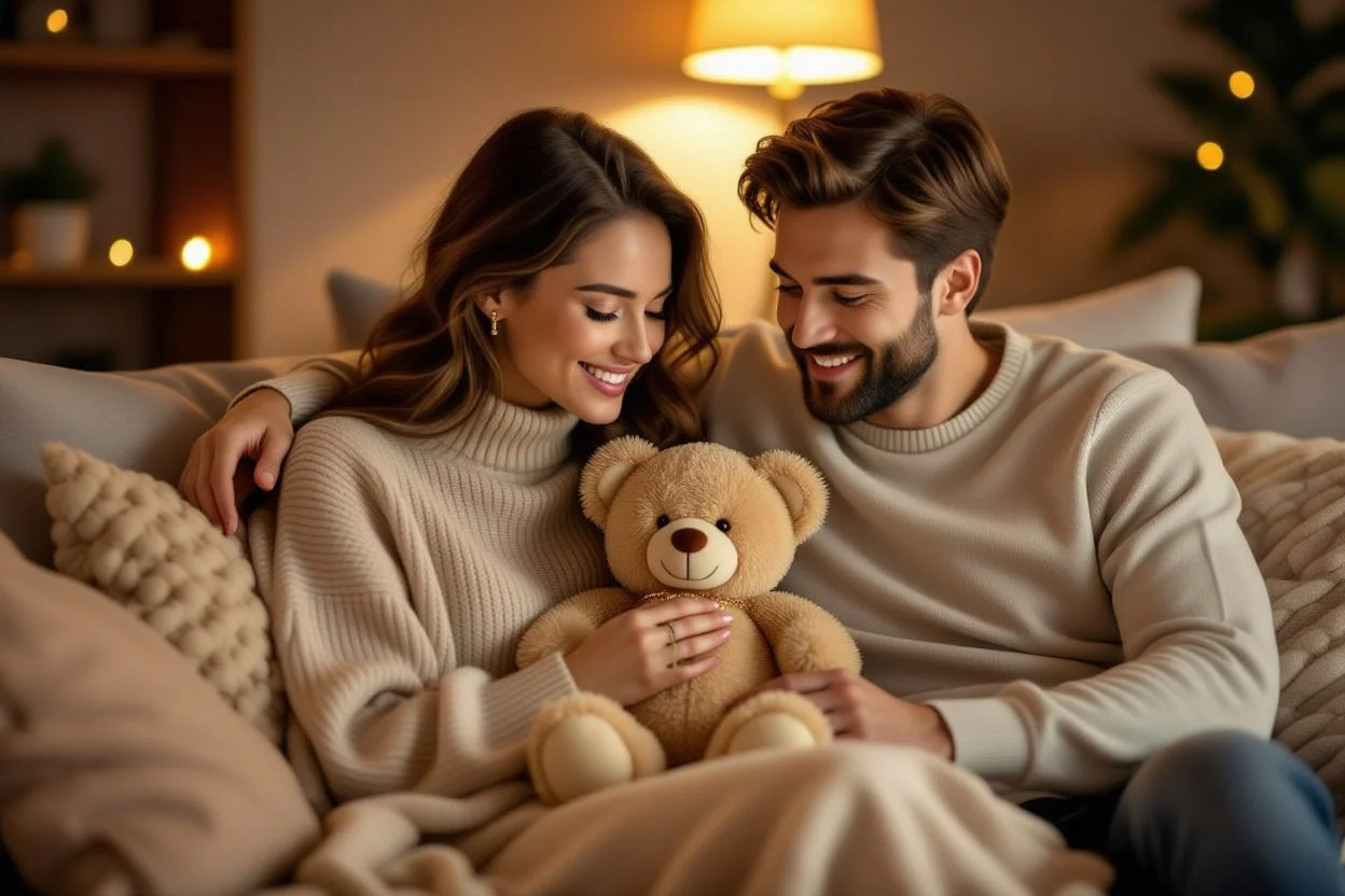 Couple enjoying surprise teddy bear gift with gold necklace romantic moment