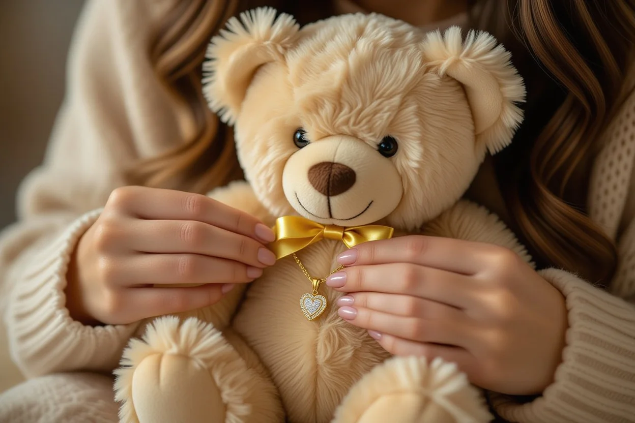 Woman discovering hidden gold necklace surprise inside romantic teddy bear gift