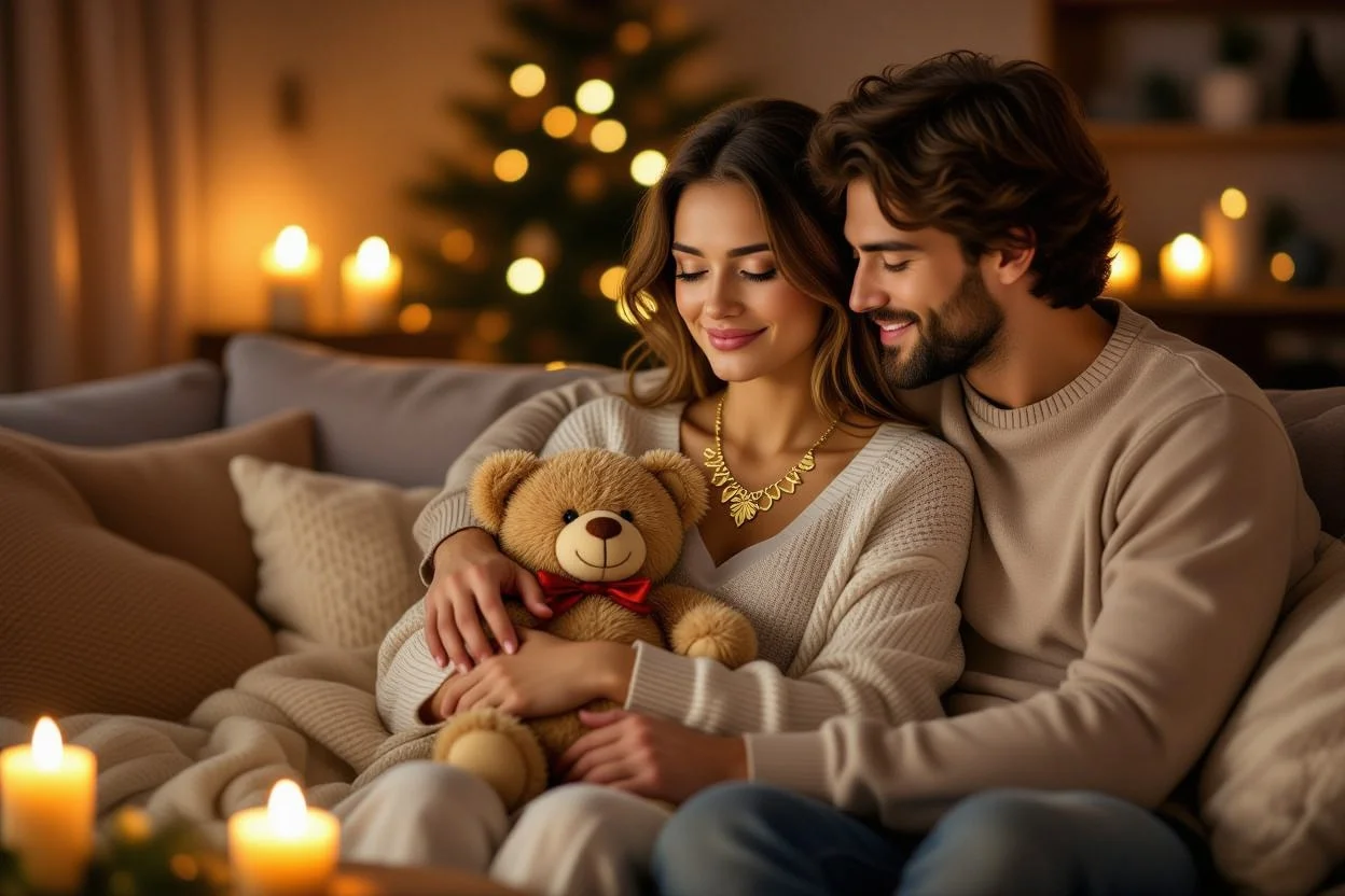 Happy couple reconciling with romantic teddy bear and gold necklace healing gift