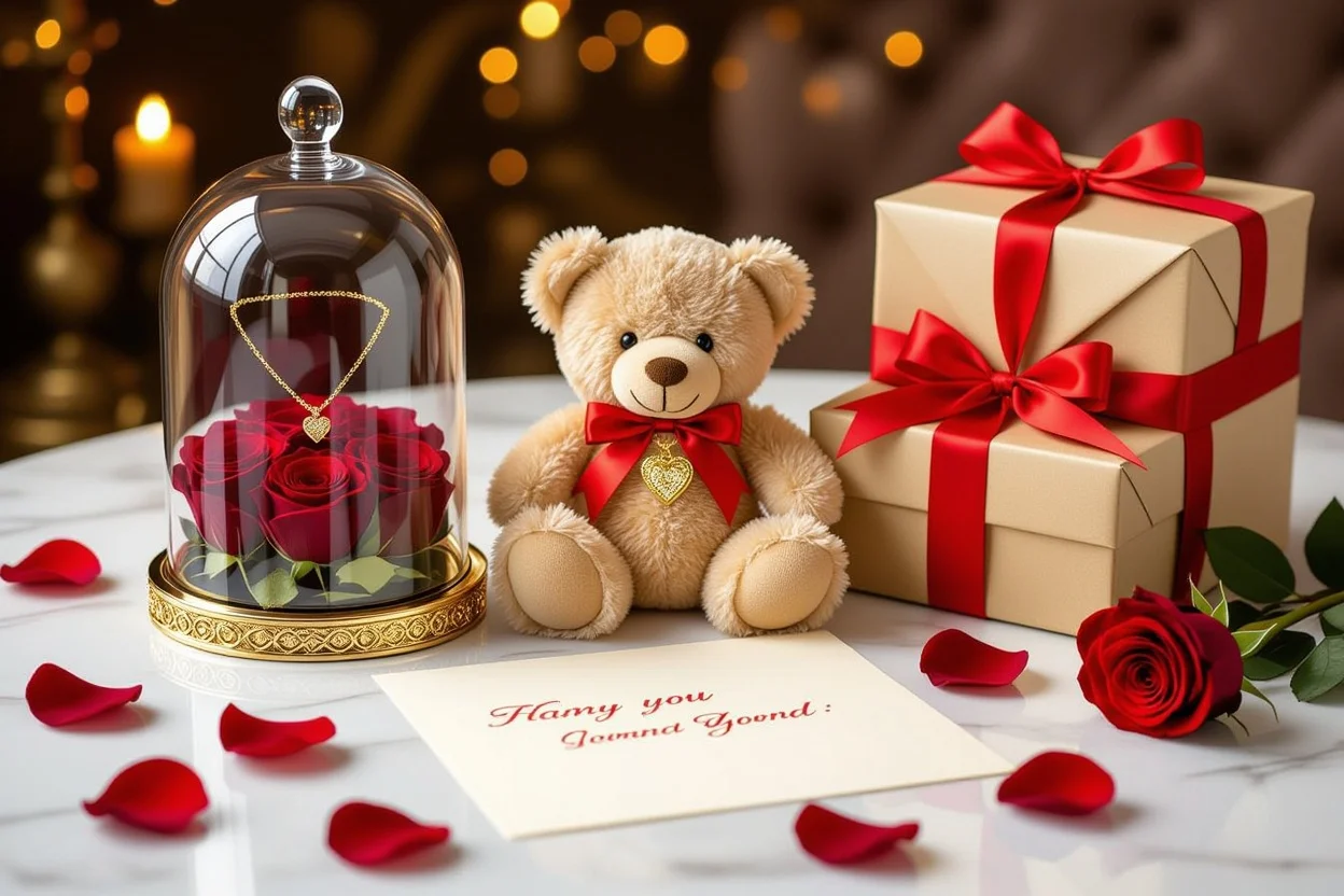 Luxury romantic gifts collection with teddy bear, gold necklace and preserved roses