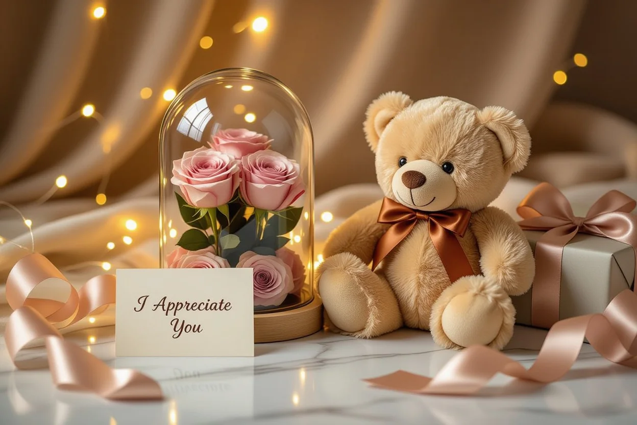 Romantic teddy bear gift with preserved roses and appreciation note for Valentine's day