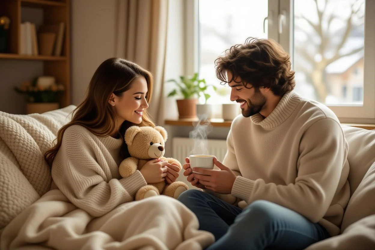 Couple sharing intimate moment with teddy bear gift and tea, showing everyday love gestures