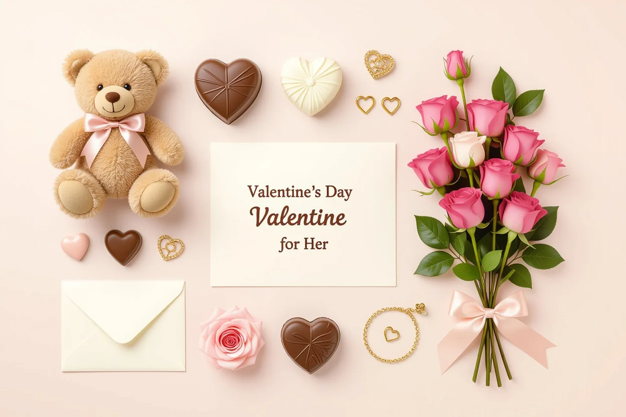 Valentine's day gifts for her flat lay featuring teddy bear and romantic presents
