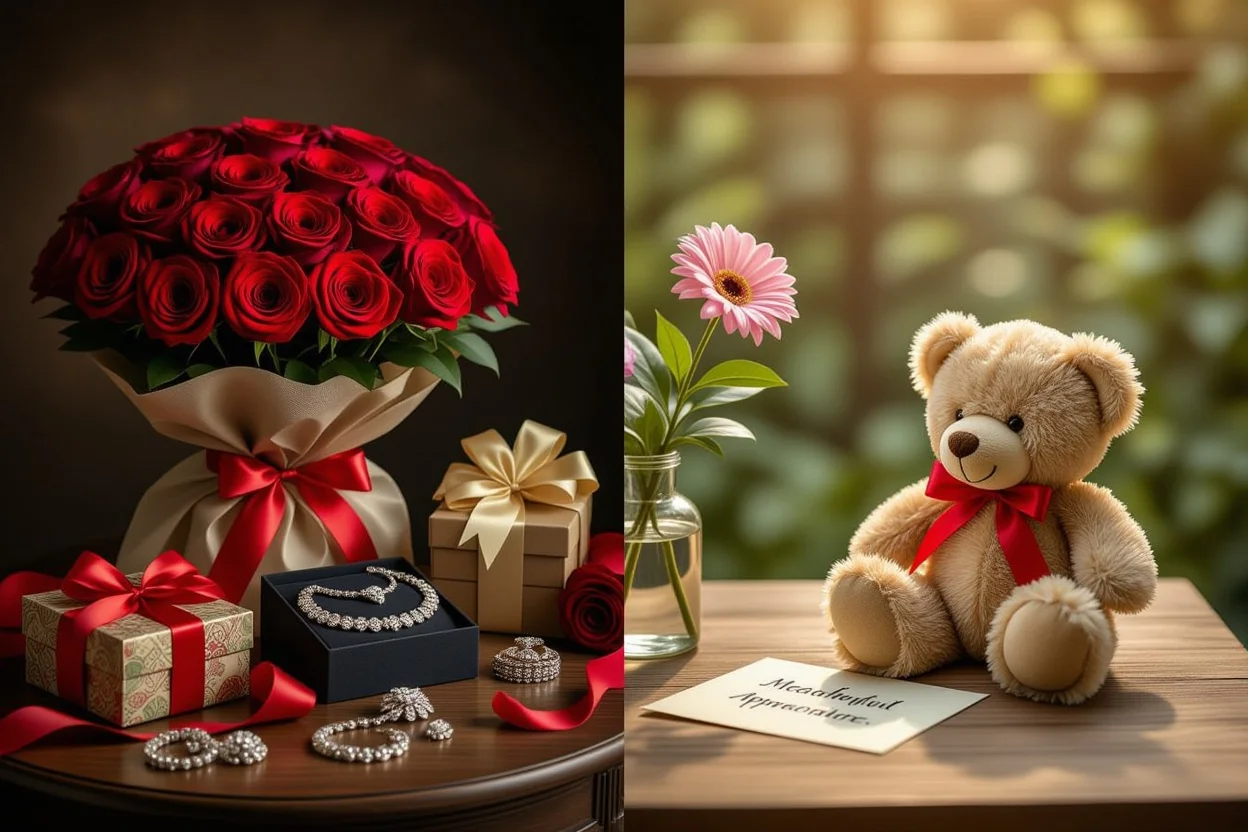 Comparison of extravagant gifts versus simple meaningful teddy bear gift showing true appreciation