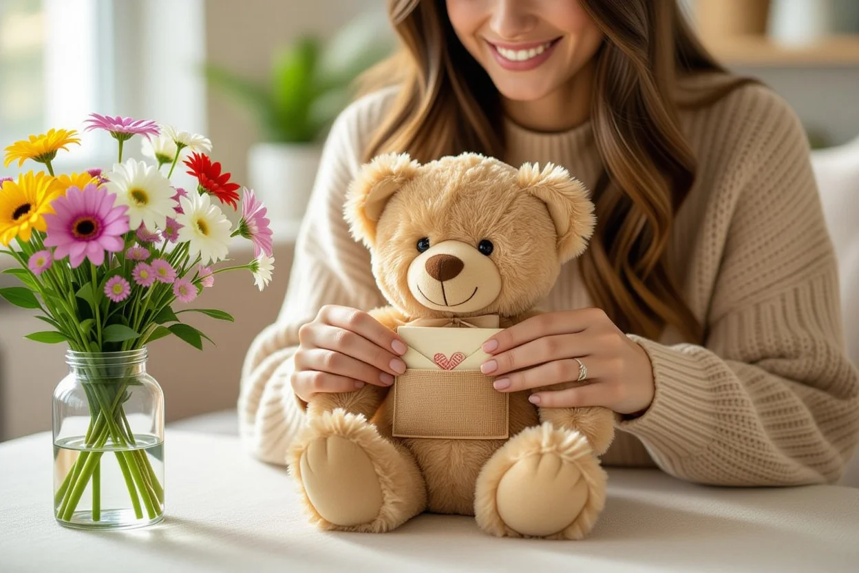 Woman discovering hidden surprise gift inside teddy bear compartment with joyful expression