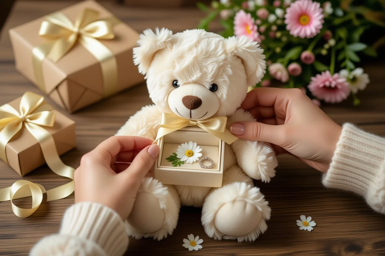 Hands placing surprise gift into hidden teddy bear compartment during gift preparation