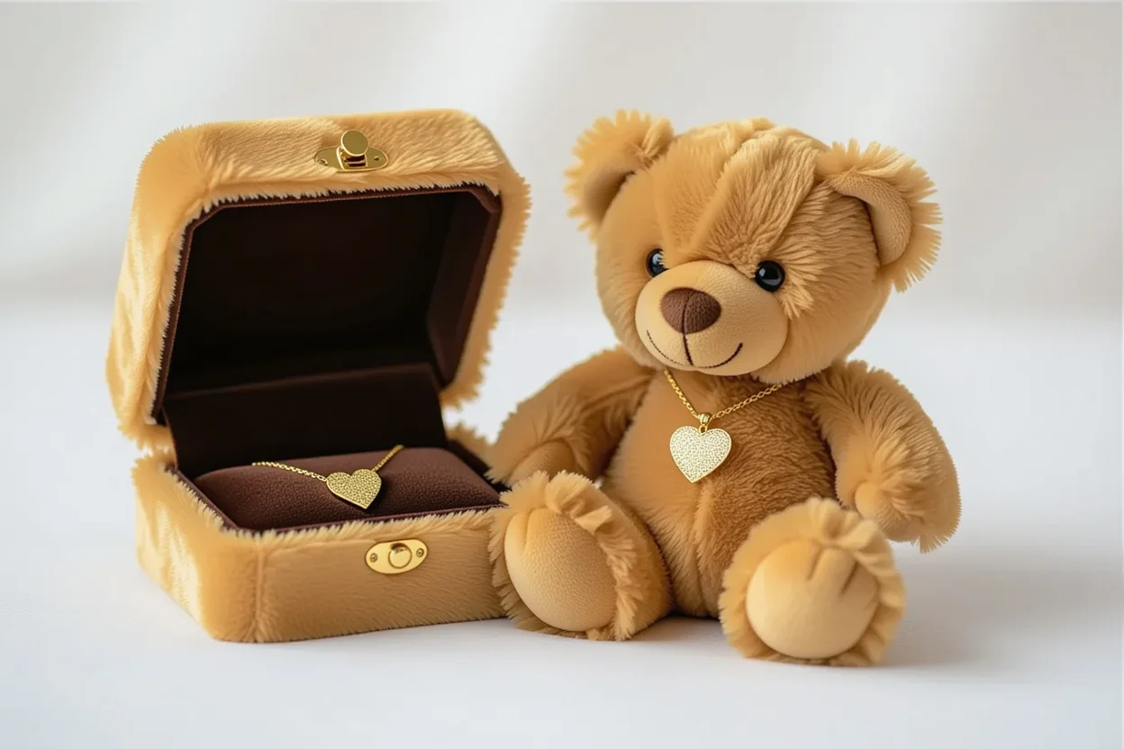 Teddy bear with hidden necklace compartment open showing gold heart pendant surprise gift