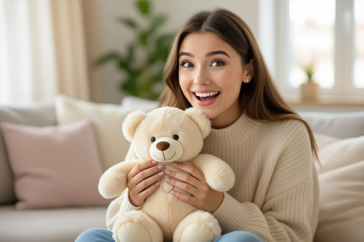 Woman surprised and happy discovering hidden necklace gift inside teddy bear
