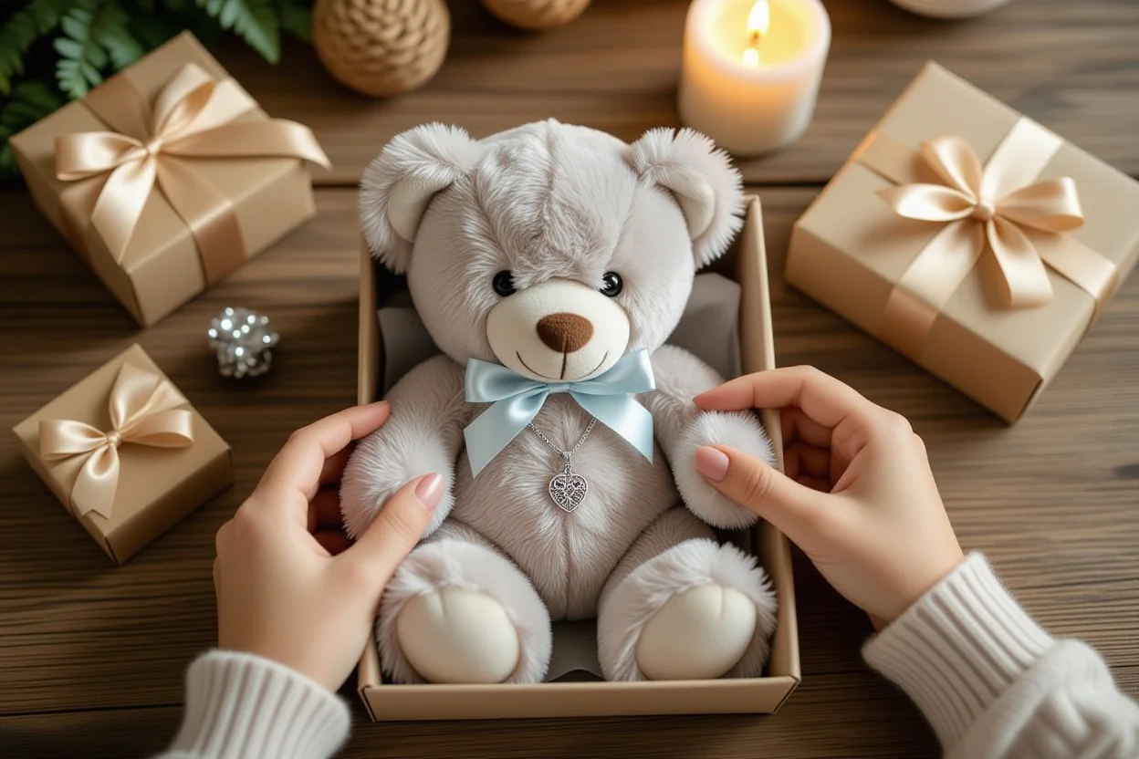 Hands placing necklace into teddy bear hidden compartment gift preparation scene