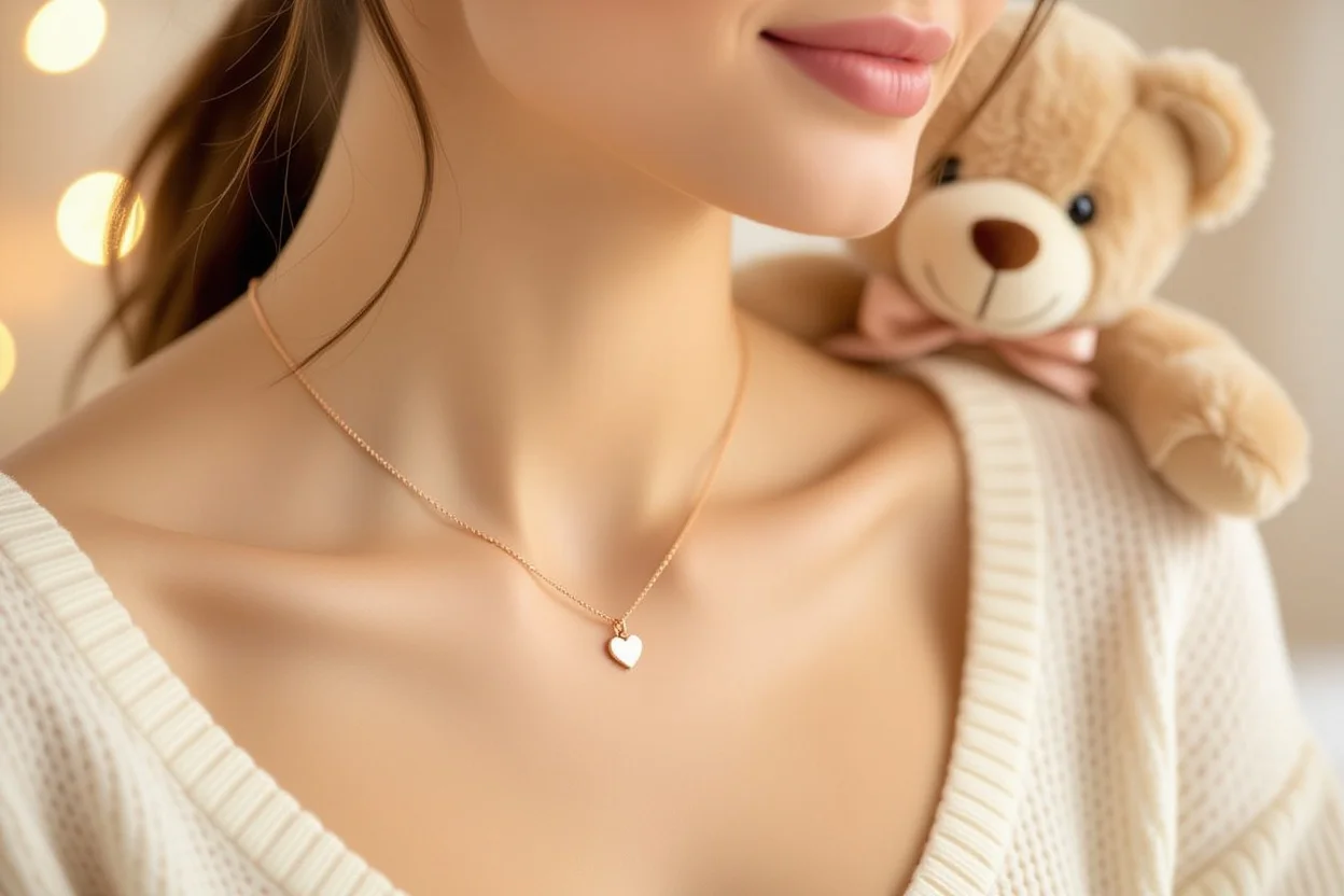 Woman wearing heart necklace from teddy bear surprise gift with bear in background