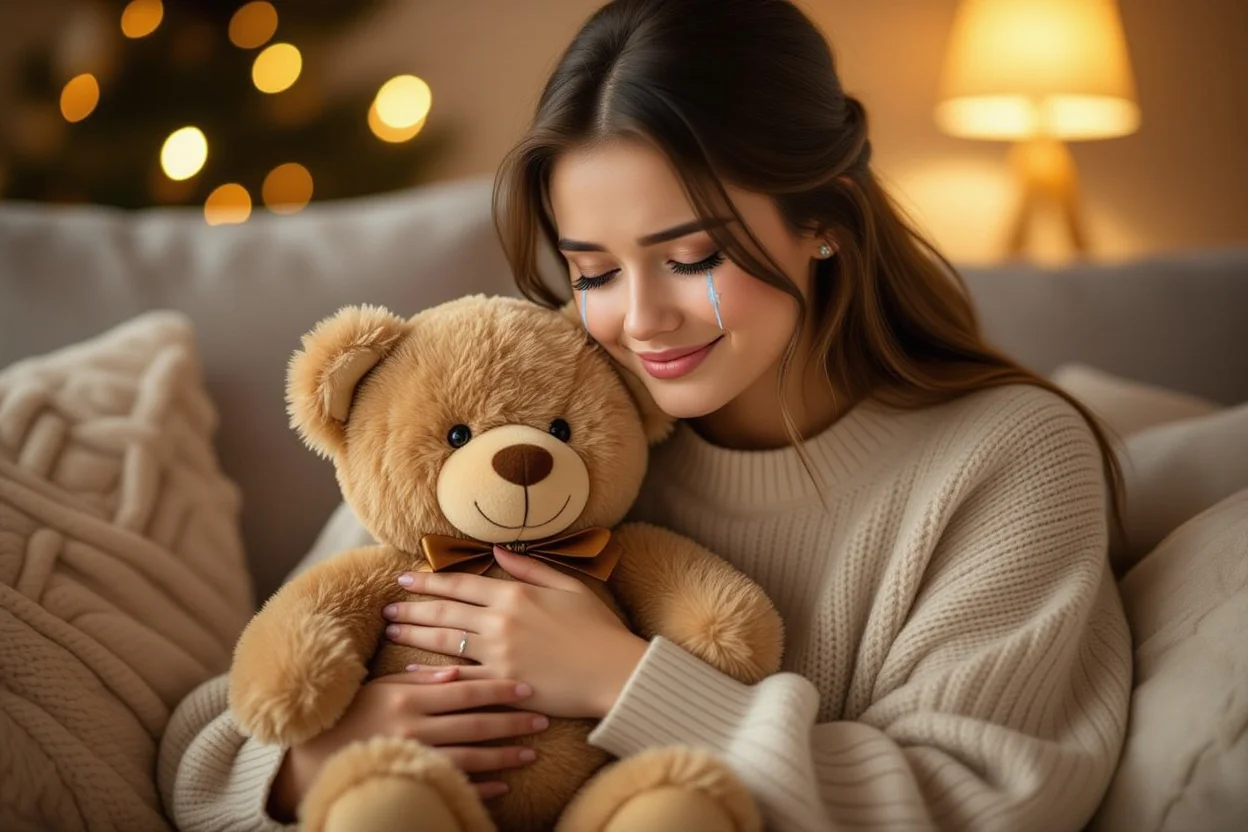 Woman crying happy tears while holding romantic surprise teddy bear gift