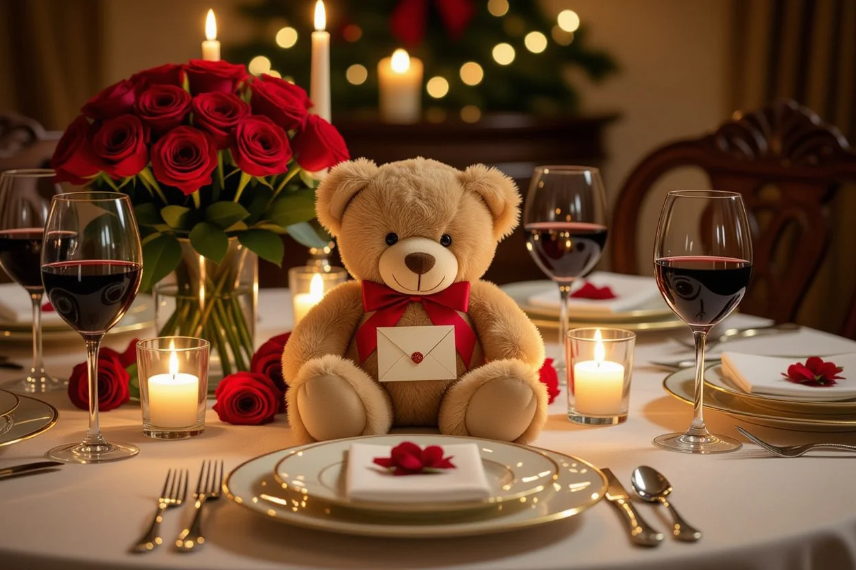 Romantic anniversary dinner setup with surprise teddy bear centerpiece gift
