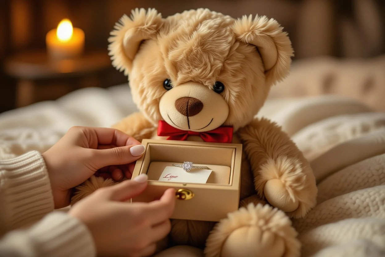 Hands revealing secret surprise hidden inside romantic teddy bear gift