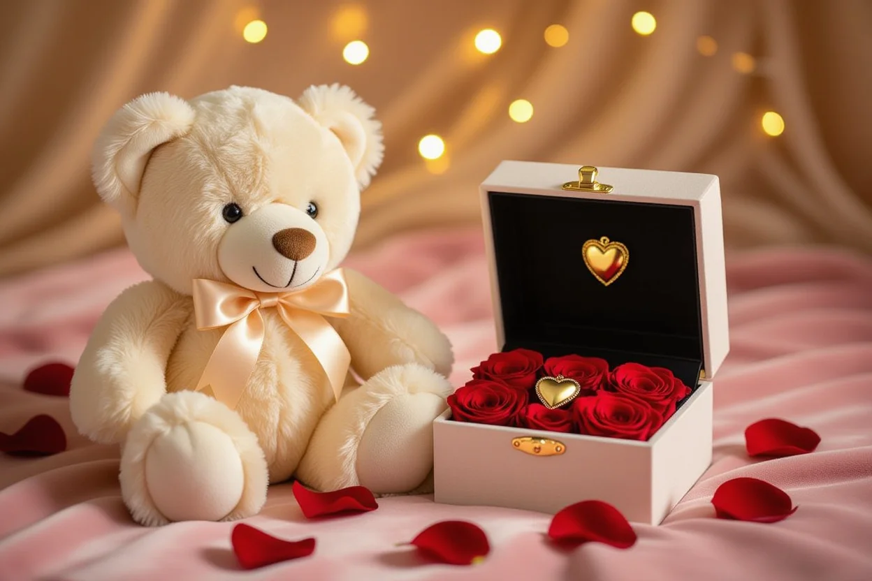 Romantic teddy bear gift with hidden compartment containing preserved roses and heart locket for Valentine's Day