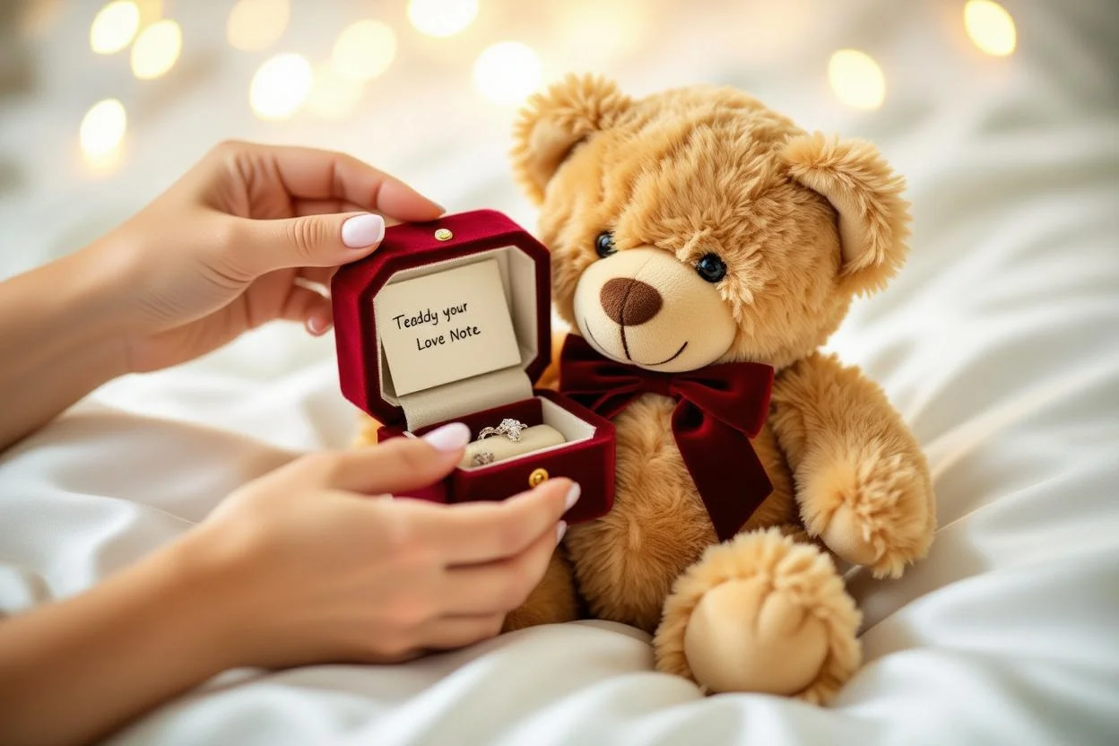 Surprise moment discovering hidden love note inside romantic teddy bear gift with secret compartment