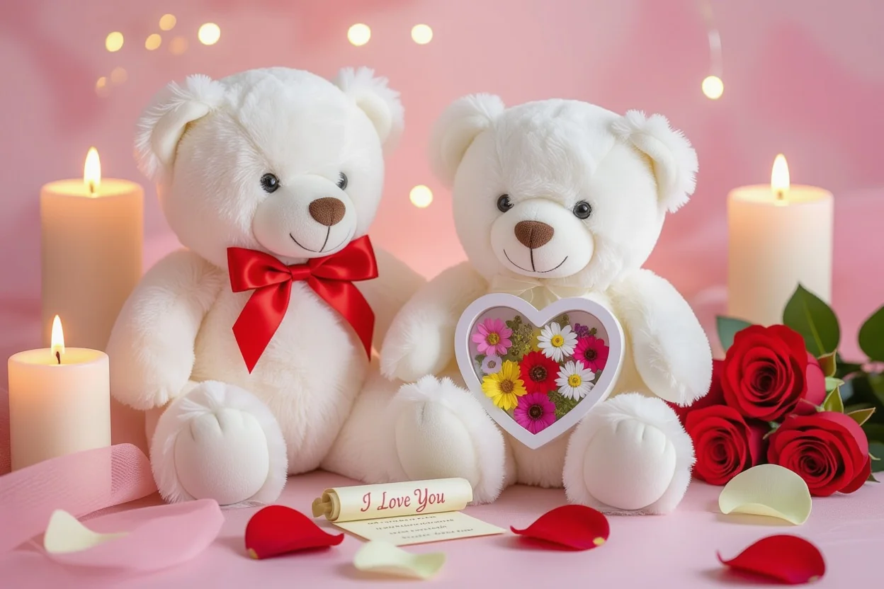 Valentine's Day teddy bear with heart compartment containing preserved flowers and love message