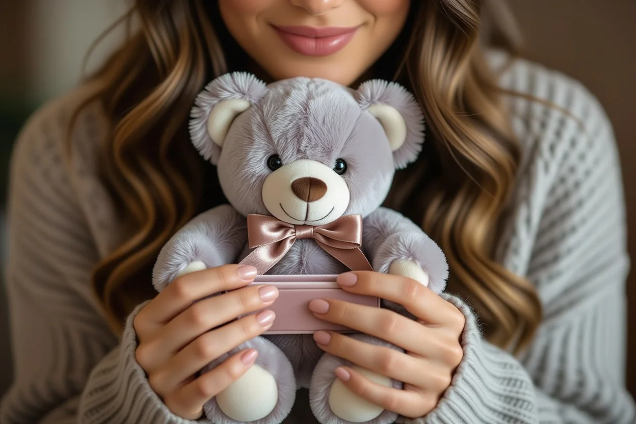 Woman discovering surprise engagement ring hidden inside luxury teddy bear gift showing genuine joy and emotion