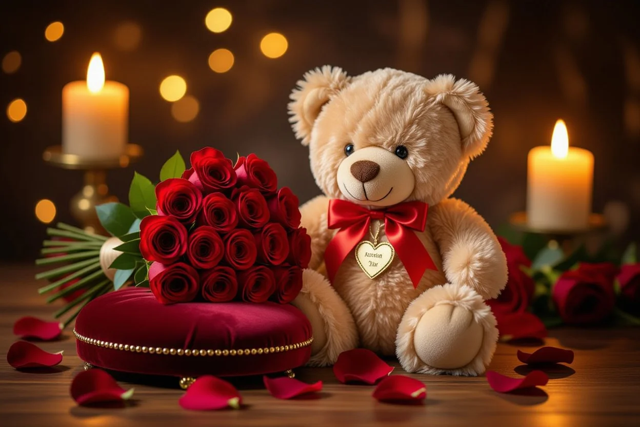 Romantic teddy bear with preserved roses and candlelight - perfect Valentine's Day gift for her