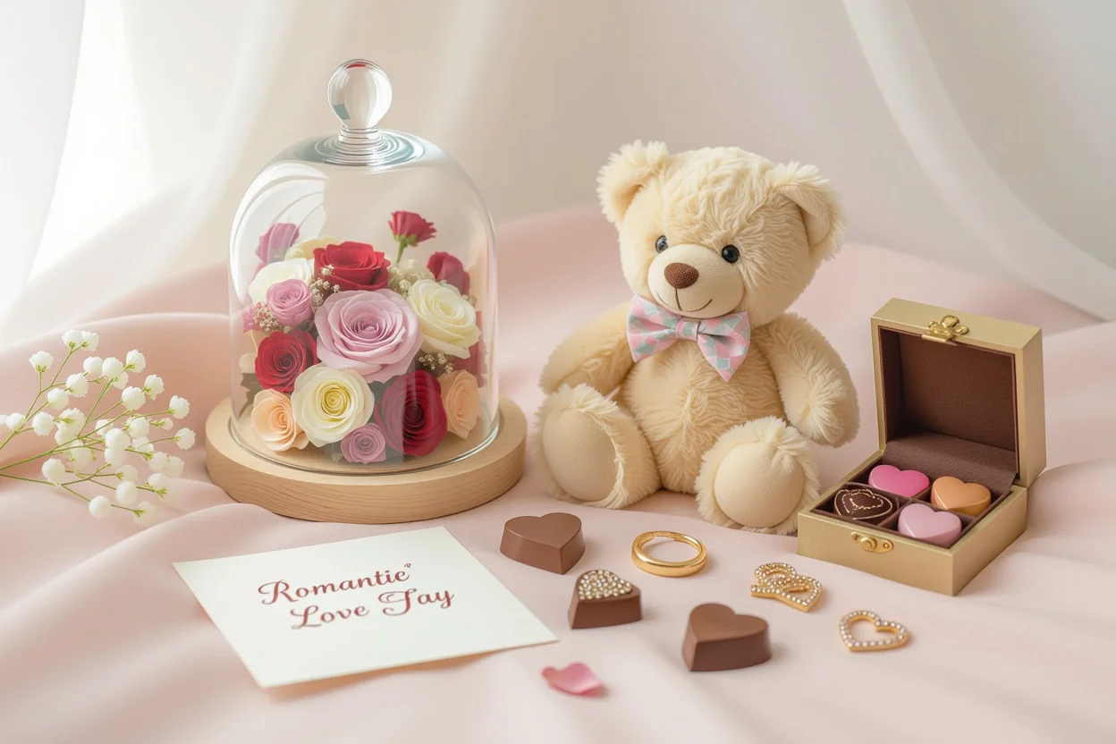Romantic gifts flat lay featuring preserved flowers, teddy bear, and love tokens for her