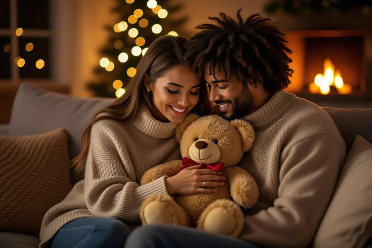 Happy couple sharing romantic moment with special teddy bear gift - relationship goals and romantic gifts